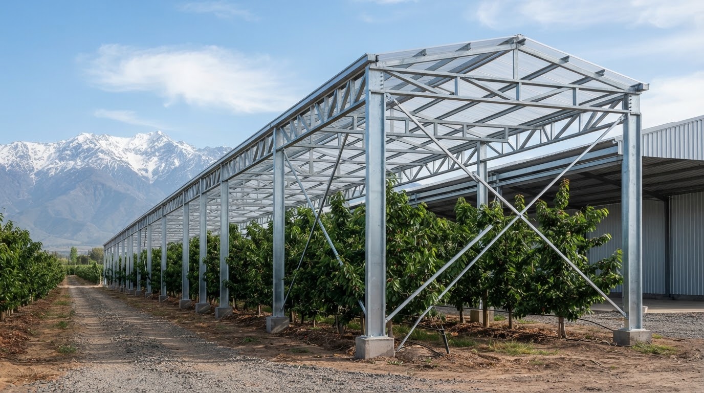 Estructura y techumbre de acero sobre huerto de cerezos, con la cordillera de fondo